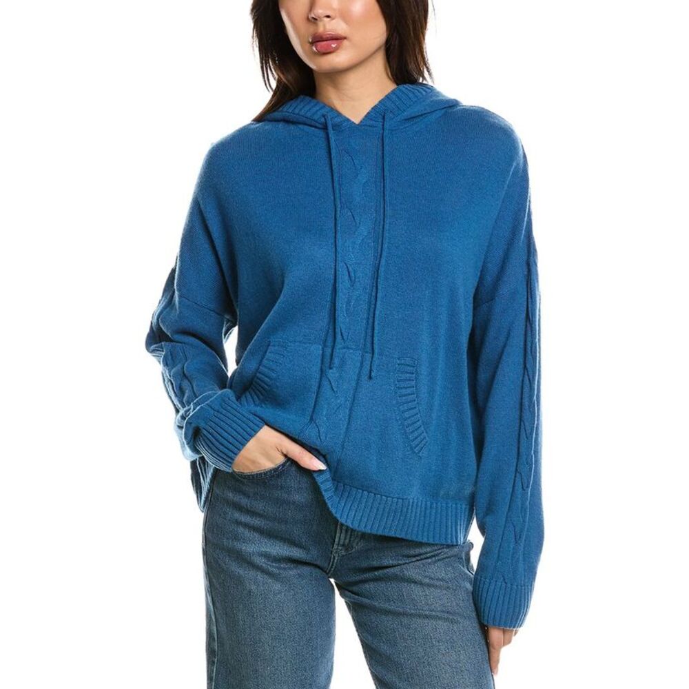 Brodie Cashmere Womens  Lounge Cable Wool & Cashmere-Blend Hoodie, Blue